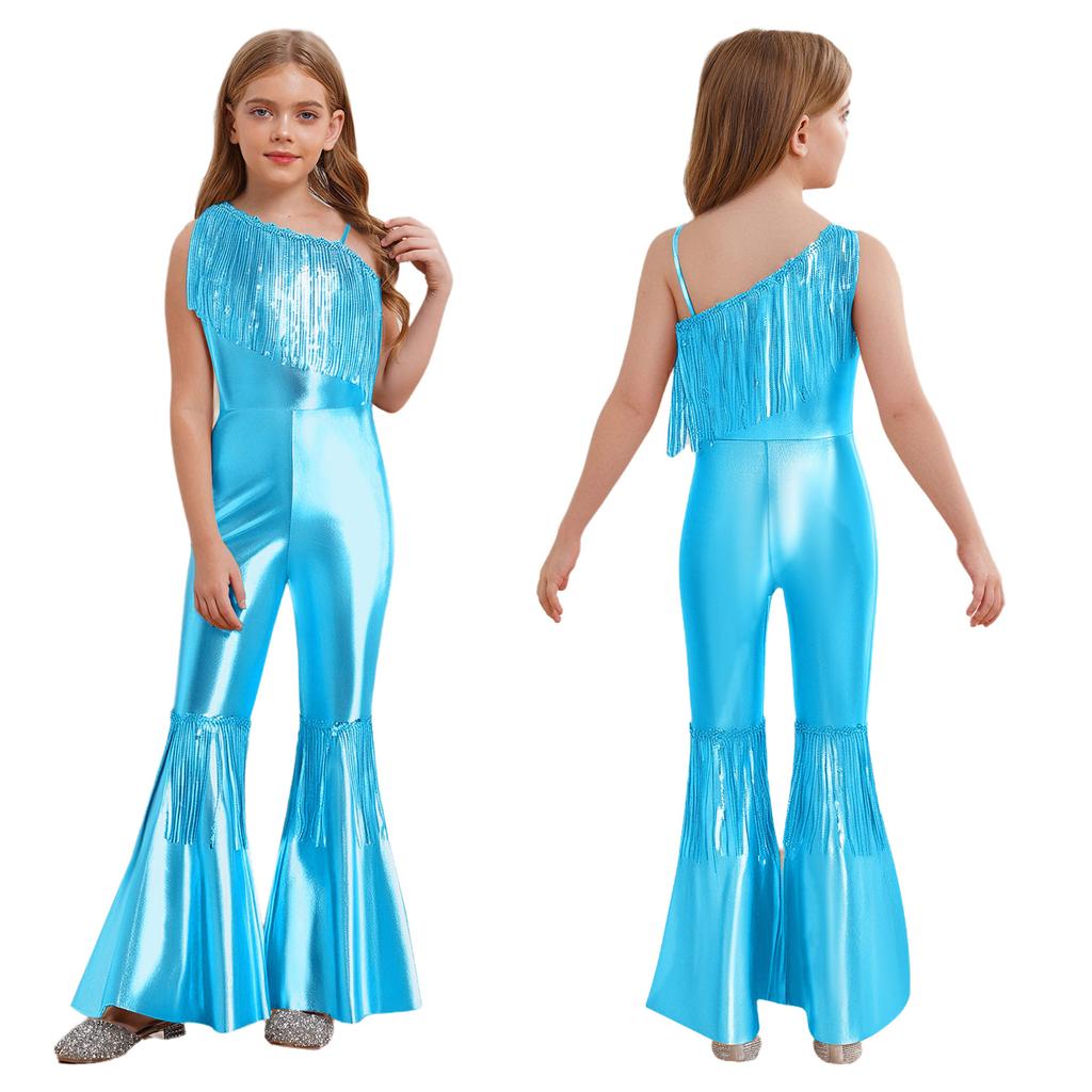 Kids Sparkly Jumpsuit Off-shoulder Sleeveless Sequin Tassels Flared for Pageant Show