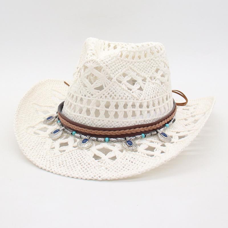Spring And Summer New Hollow Cowboy Hat American Warped Edge Foreign Trade Hand-Woven Natural Grass Breathable Cool Jazz Top Hat