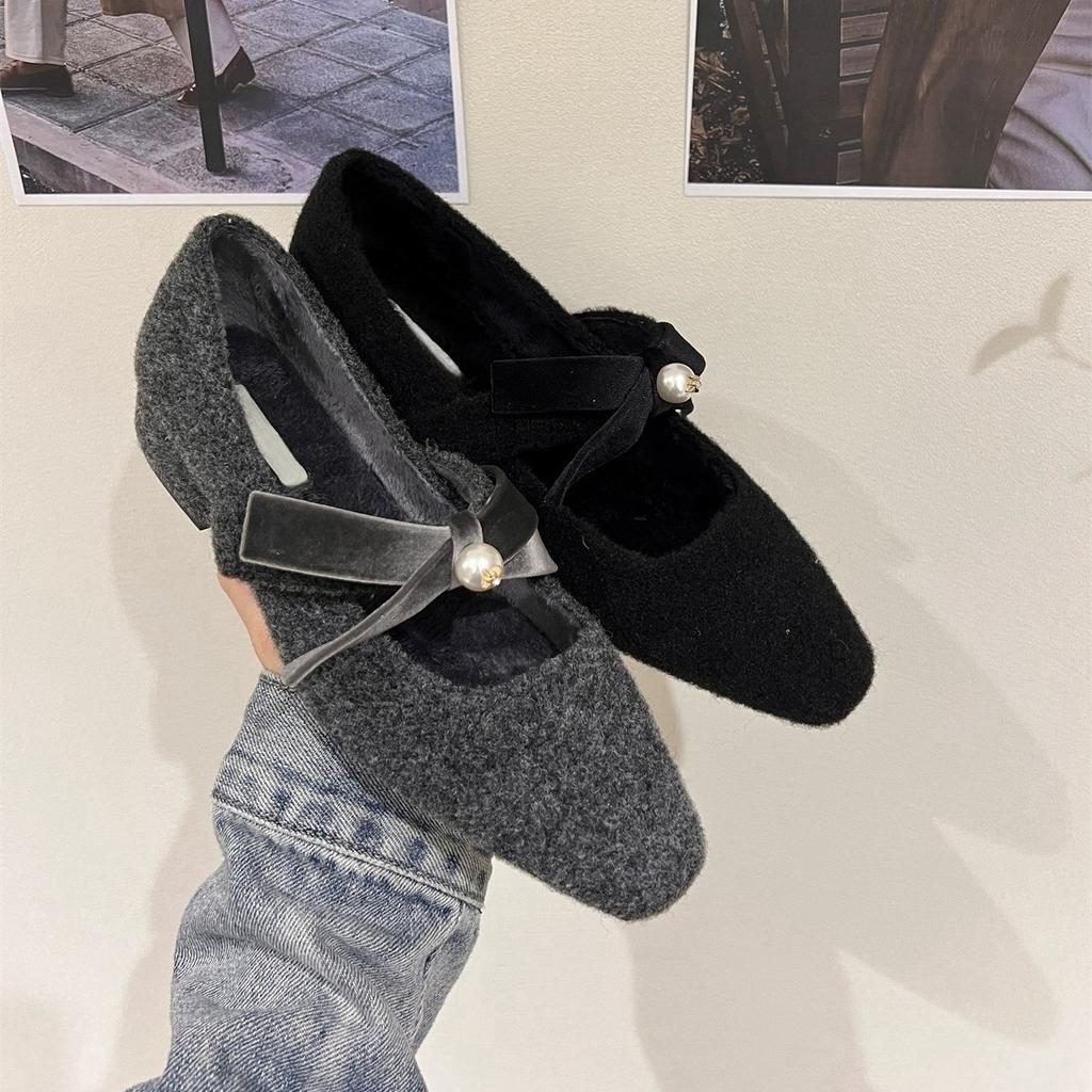 French Thick Heel Gray Single Shoes with Skirt Evening Shoes Women's Shoes 2025 Autumn and Winter Plush Mary Jane Fluffy Shoes