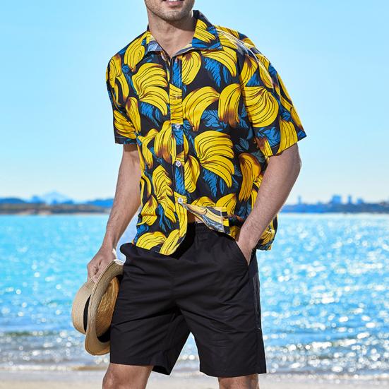 Strandskjorte Løs Enkeltspent Hawaii Bananprint Korte Ermer Sommerstopper Hverdagsklær