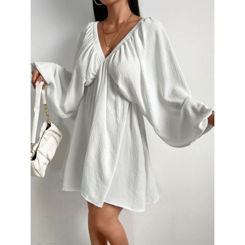 Elegant Fashion Deep V-neck Long Sleeved Women Dress Spring Summer Simple Casual Loose Sexy Solid Color A-line Party Dress Female Office Ladies