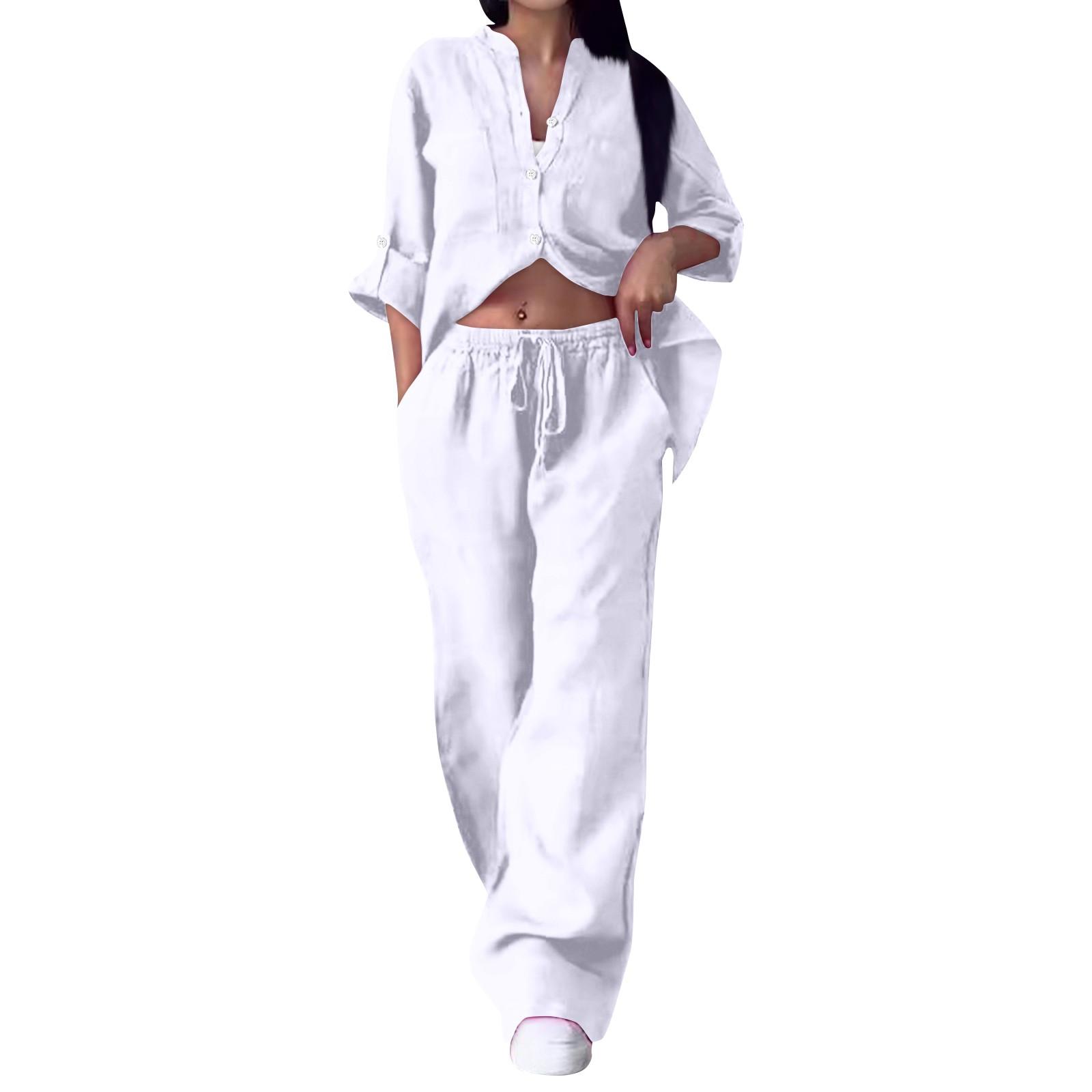 

Женский комплект из 2 предметов: повседневная однотонная рубашка из хлопка и льна и широкие брюки на шнурке XXXL белый