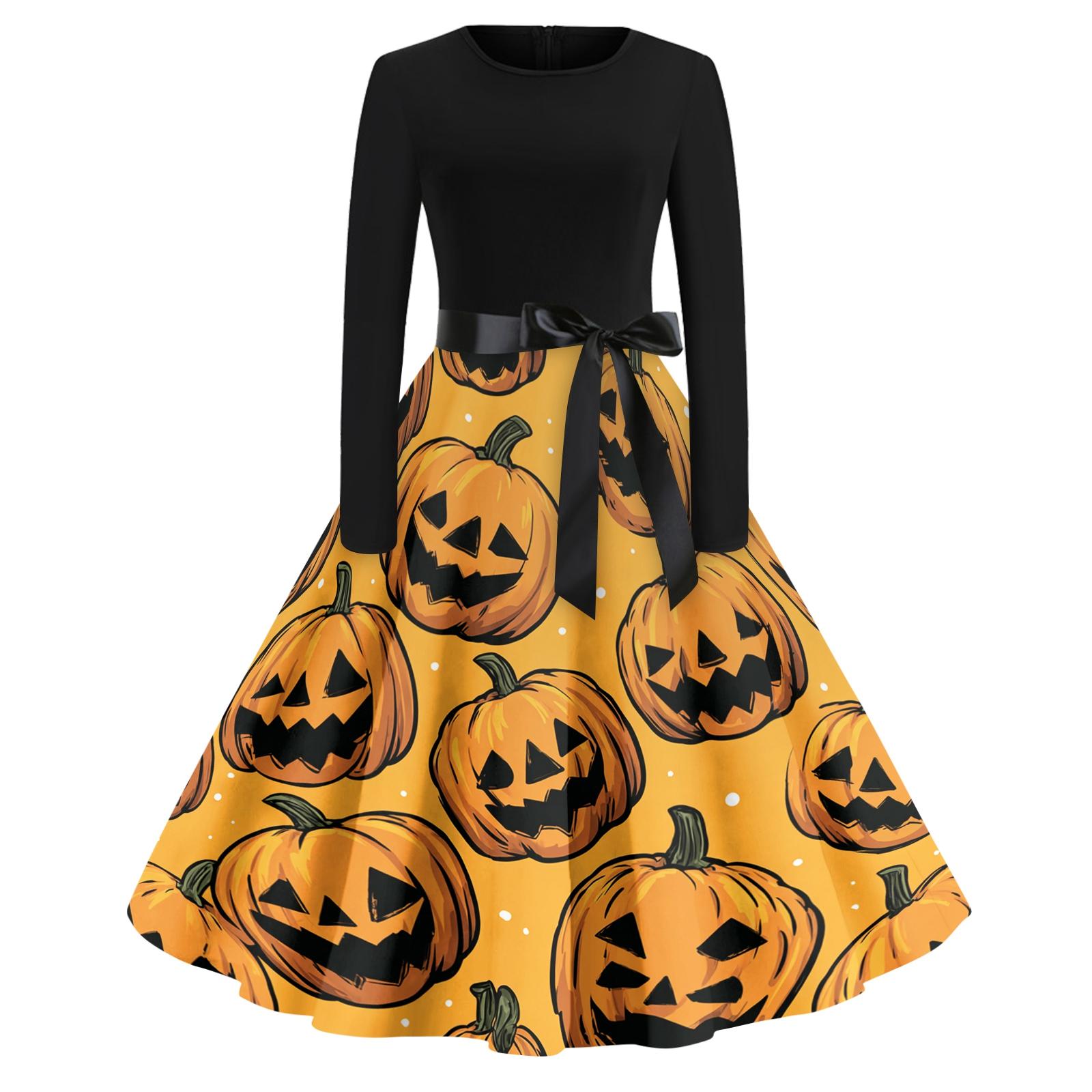 

Women s Casual Fashion Round Neck Halloween Printed Vintage Dress XL жёлтый