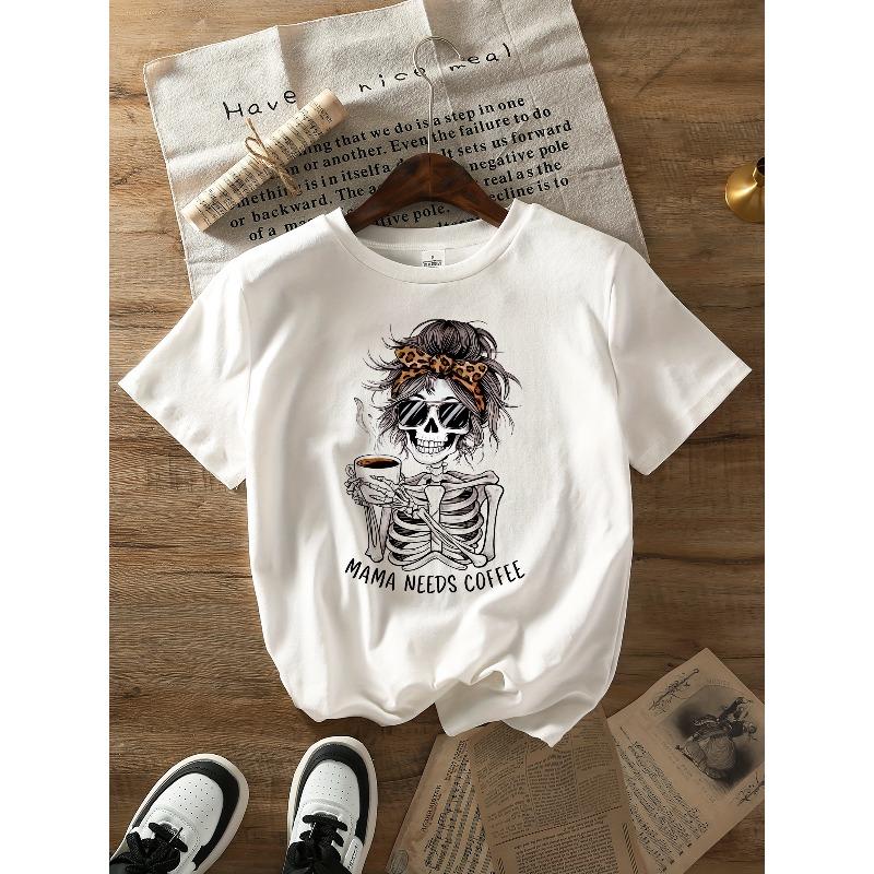 Evropská velikost Tričko s kulatým výstřihem s potiskem lebky a písmen, Krátký rukáv, Ležérní top na léto a jaro, Dámské oblečení
