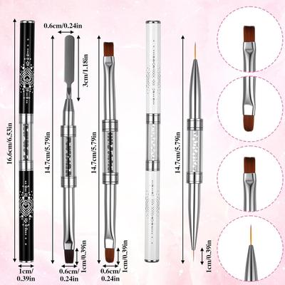 3PCS Double Ended Builder Gel Brushes, Hard Gel Nail Brush with Rhinestone Handle French Tip Liner Art Brushes French Manicure Brush for Professional