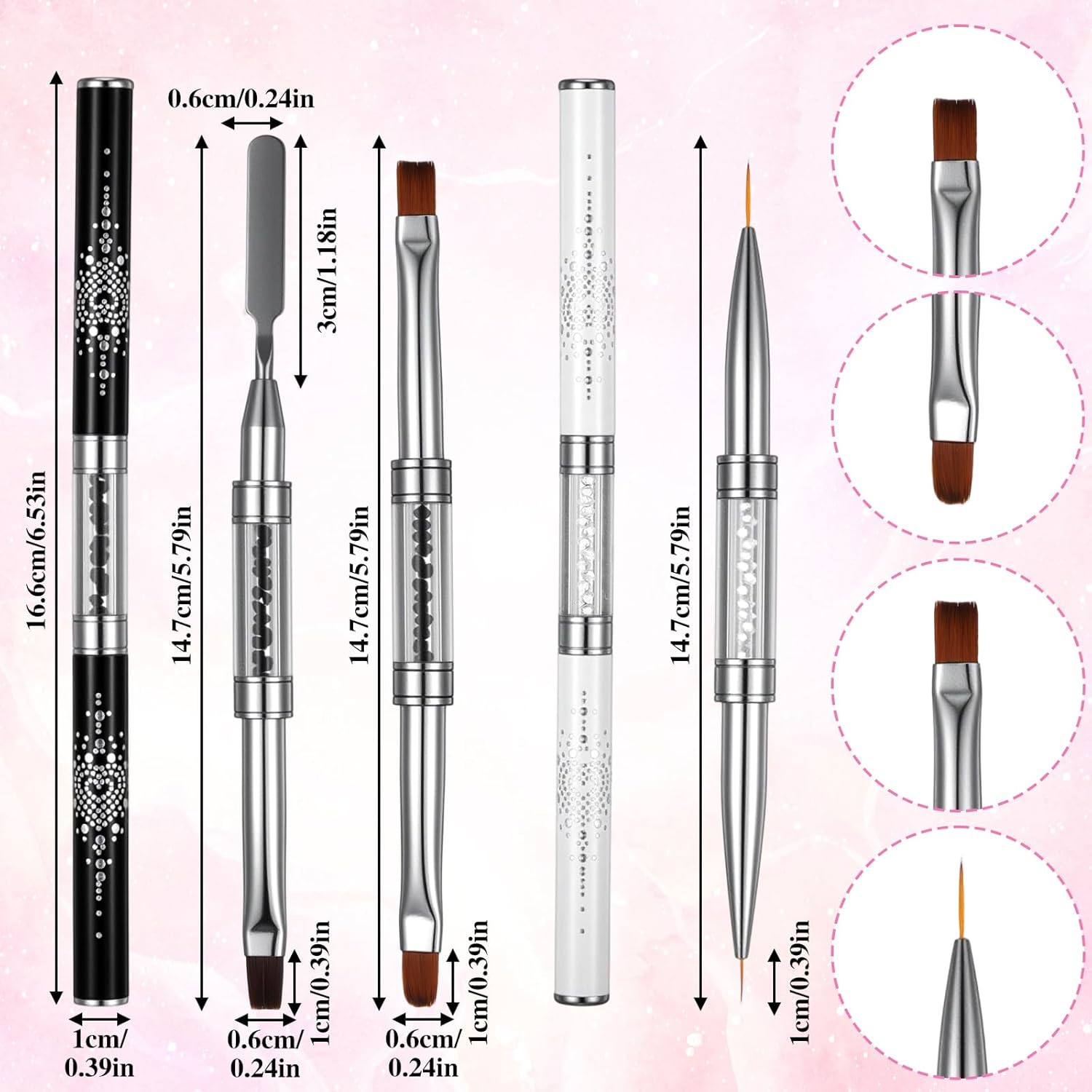 3PCS Double Ended Builder Gel Brushes, Hard Gel Nail Brush with Rhinestone Handle French Tip Liner Art Brushes French Manicure Brush for Professional