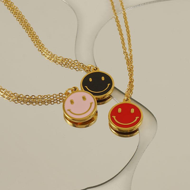 18K Pink Smiley Face Pendant Necklace - Stainless Steel Cartoon Jewelry for Women