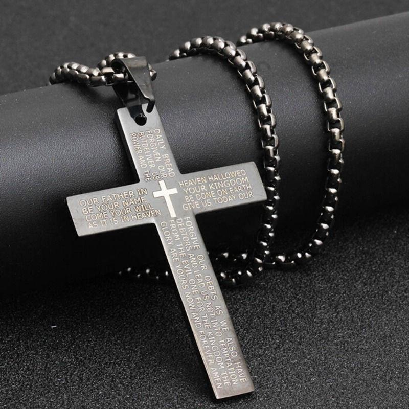 Stainless Steel Cross Necklace for Men Lord's Prayer Bible Cross Pendant Necklaces GZW