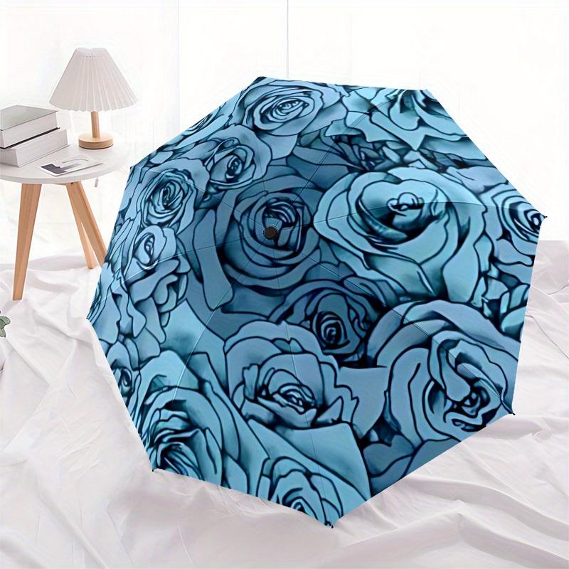 1pc Roses Blue Automatic Open/close Folding Compact Umbrella, 8-Rib Sturdy Canopy, Lightweight Portable, Everyday Use, Gift, Outdoor Umbrella, Travel