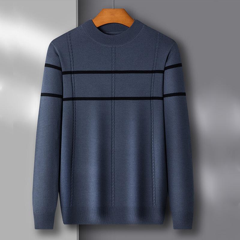 Neuer Wollpullover für Herren aus reiner Wolle, langärmelig, halbhoher Kragen, gestreifter Pullover mit Bodenbildung, Pullover mit Kammgarnmuster, Flut