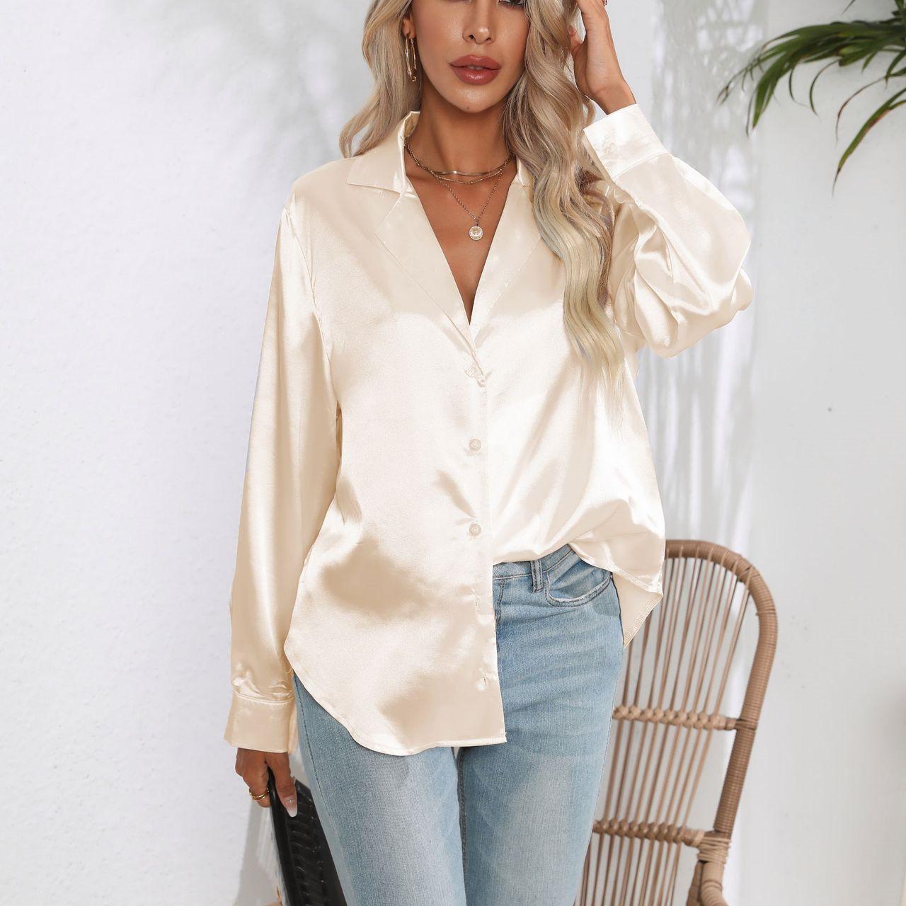 GMXIA Женские модные повседневные однотонные блузки и рубашки-поло с длинным рукавом — фото 4