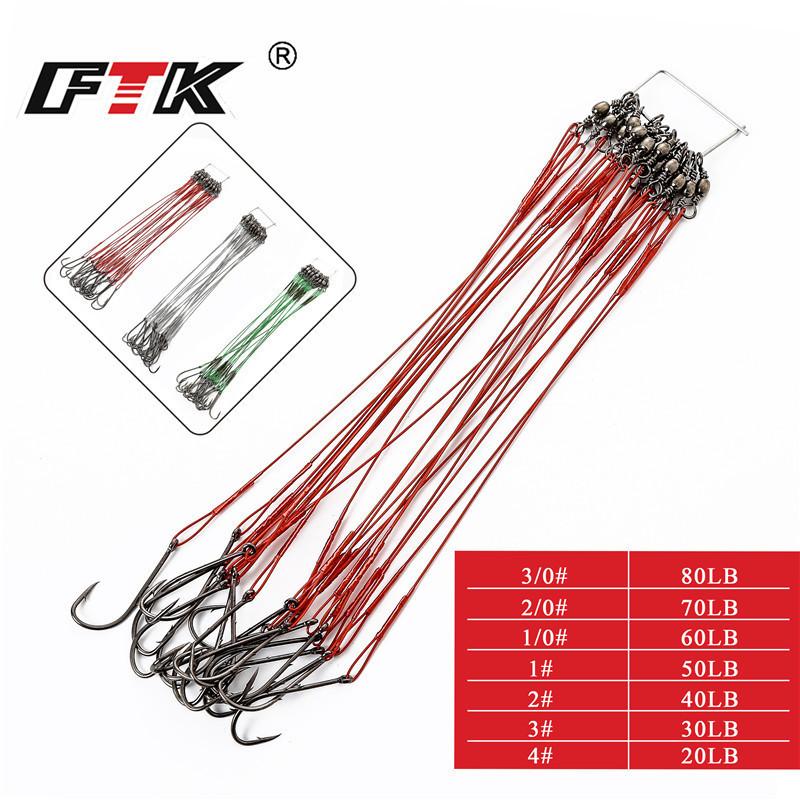 FTK 20 Piece Fishing Steel Hook and Wire Leader with Rolling Swivel Clip 12cm/4.724in 16cm/6.30in 20cm/7.874in