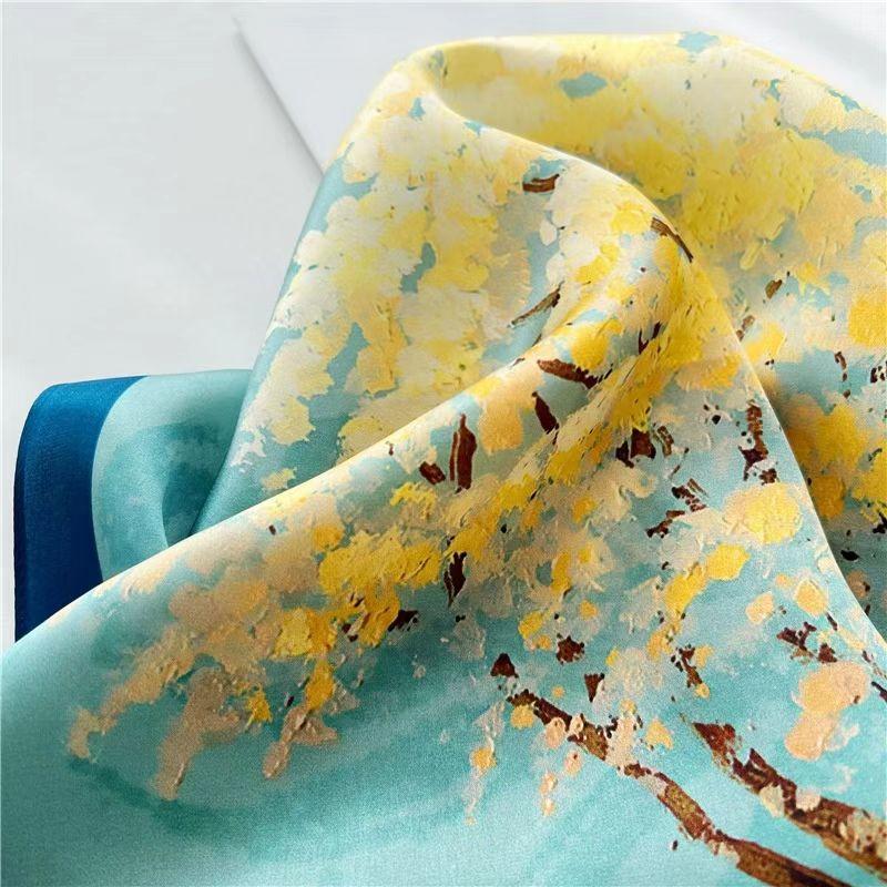 100% Mulberry Silk Scarf Van Gogh Inspired Blossom Tree Oil Painting Print Lightweight  Fashion Women's Scarves