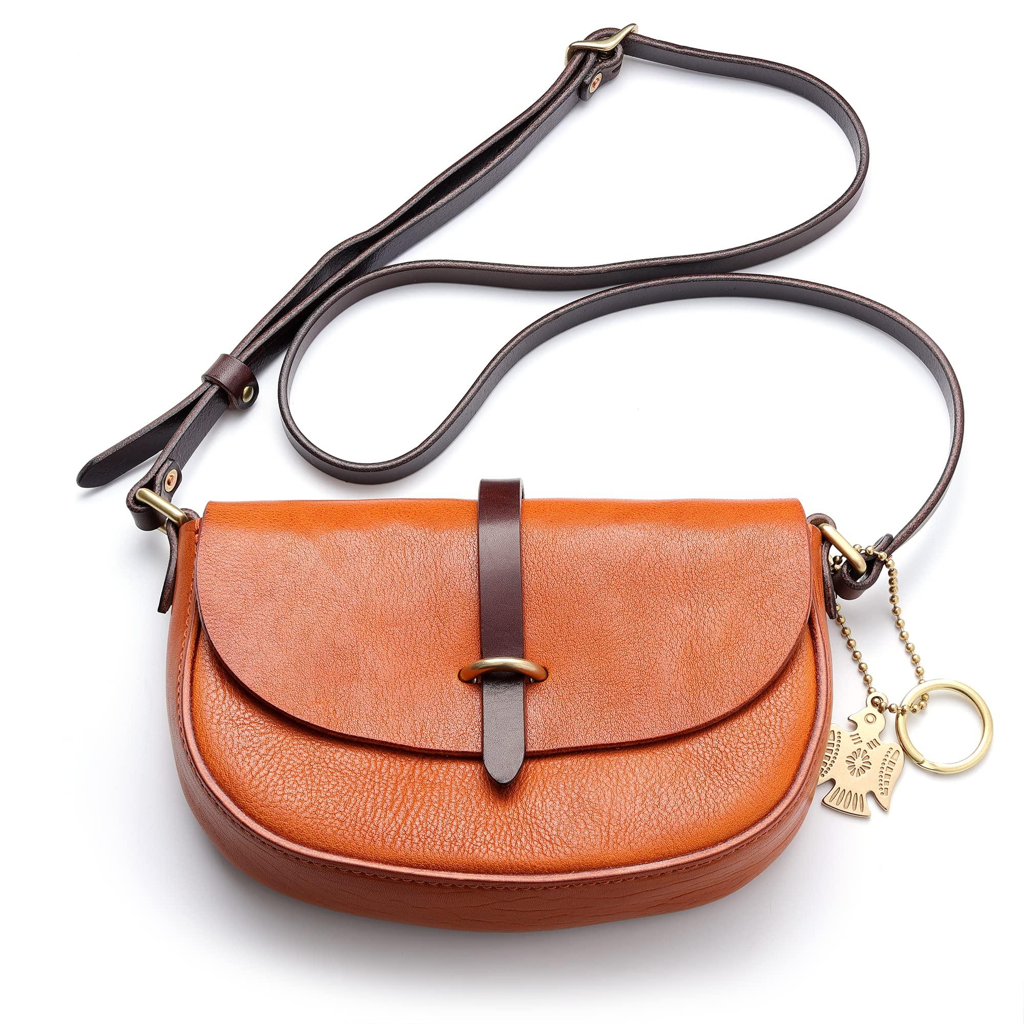 

IJUN Vintage Mini Shoulder Bag for Women - Handmade Vegetable-Tanned Leather Crossbody Bag, Size Small (Orange)