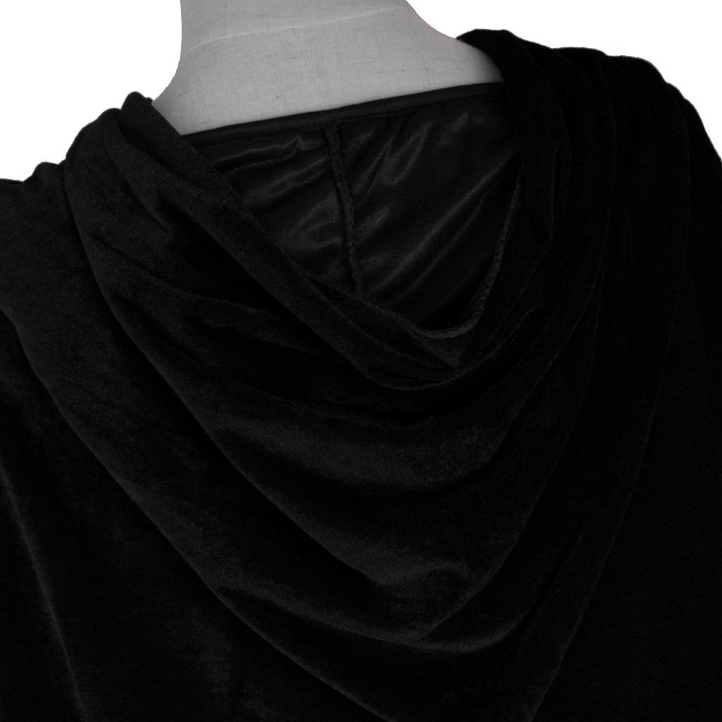 Velvet Ankle Length Cloak Cape With Hood Gothic Fancy Dress Medieval Robe Costume - Black
