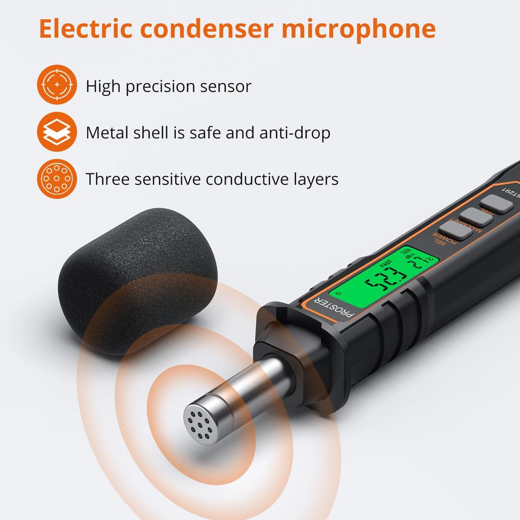 Proster Digital Sound Level Noise and Temperature Fast and Slow Response Data Japanese Instruction Manual Included Meter, 30-130dB/A-Weighted, ±2.0dB