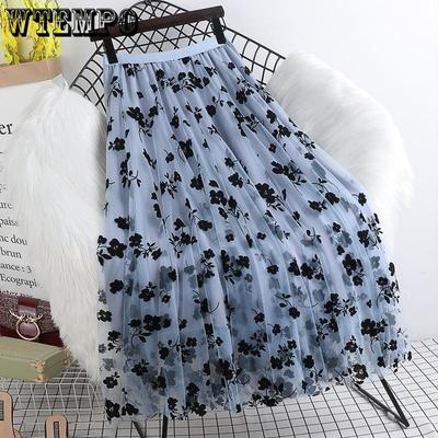 Frühling Sommer Hohe Taille Alle-spiel Stickerei Mesh Rock Temperament Mid-länge Lange Röcke für Frauen Schlank