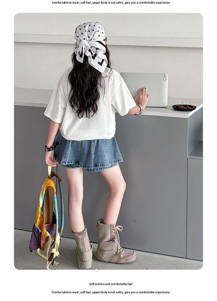 Girls' Korean Style Summer Set: Short-Sleeve T-Shirt & Thin Denim Skirt Shorts