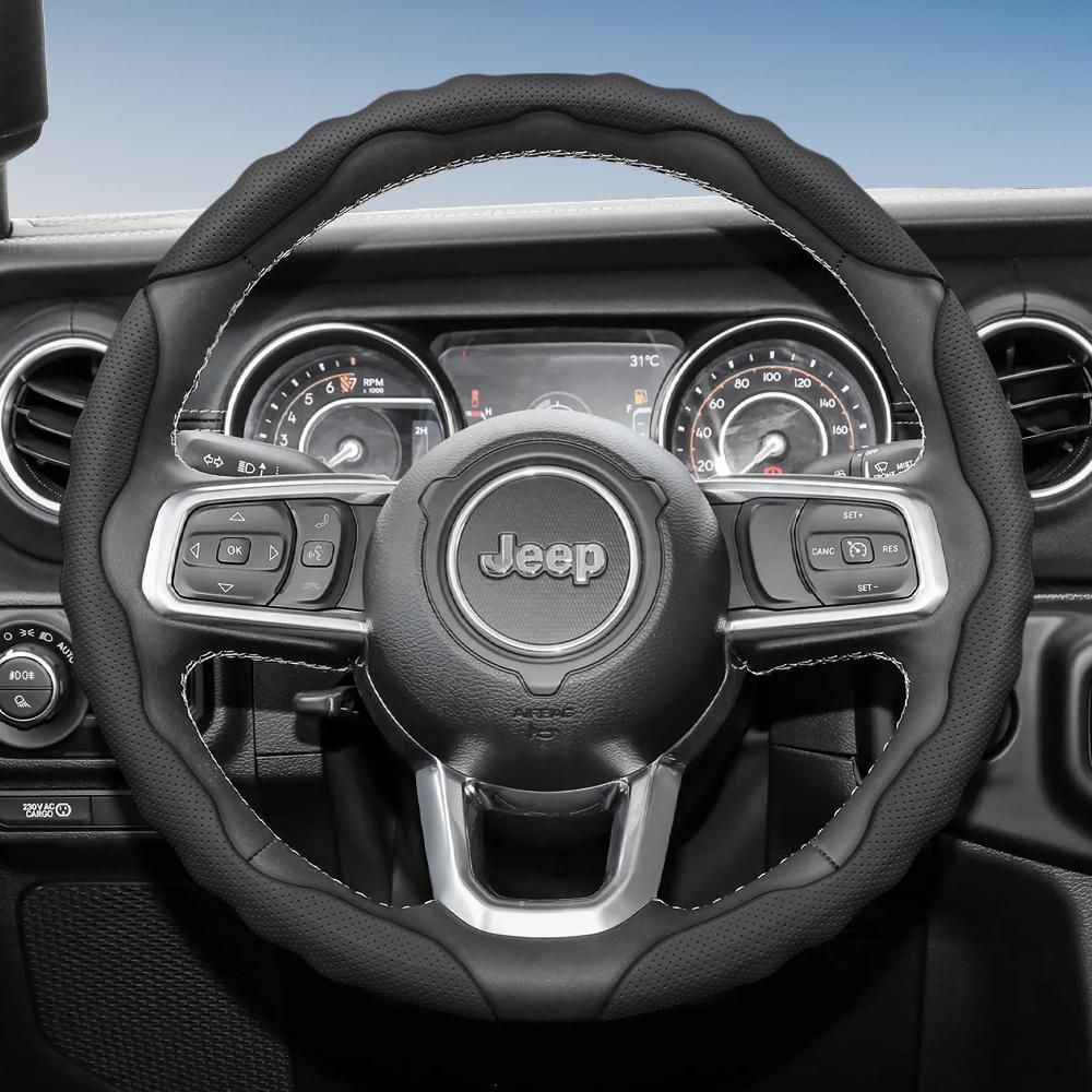 Suitable for Jeep Steering Wheel , Wavy Pattern, Sporty Breathable Leather, Segmented Anti-Slip Sweat-Absorbing Protective Cover for Compass R AMU1