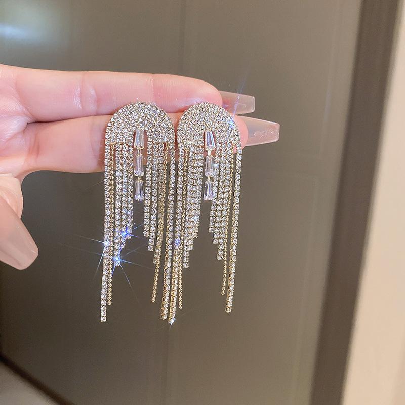 Silver Needle Metal Style Long Zircon Leaf Tassel Earrings Exquisite Fashion Earrings Cold Wind Light Luxury Temperament Earrings