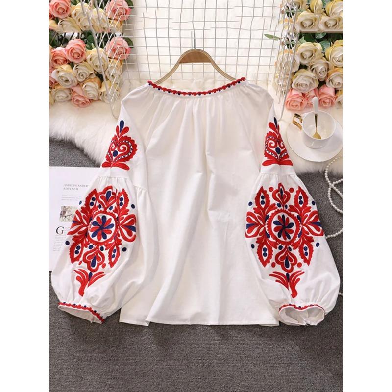 Dámské svetry, košile s výšivkou, patchworkem, obvazem, výstřihem do V, rukávem s lucernou, jaro/léto 2024, nová halenka SN0452