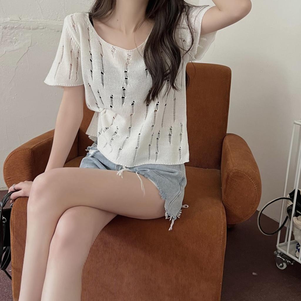 Hollow Out Loch Eisseide Strickpullover für Damen im Sommer Lockerer und Dünner Stil Schickes Kurzarm-Top Trendy