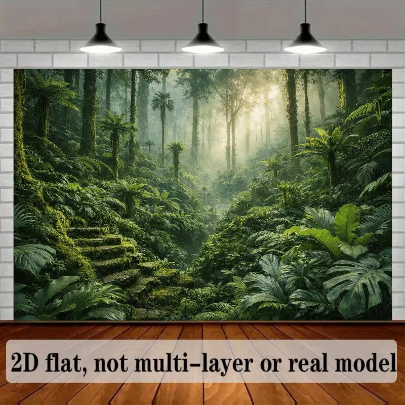 2D Mystical Forest Mural with Sunbeams and Tropical Plants Photo Background