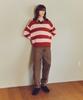 KNITTED Open Collar Striped Knit Red