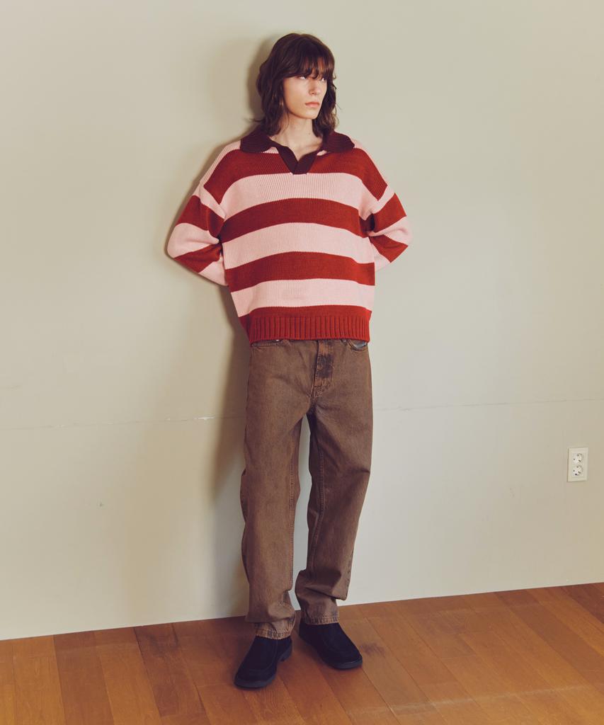 KNITTED Open Collar Striped Knit Red
