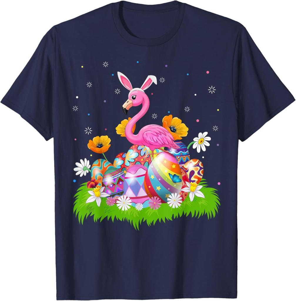 Flamingo Easter Bunny Ears Eggs Graphic Tee Cotton Casual Short Sleeve T-Shirt