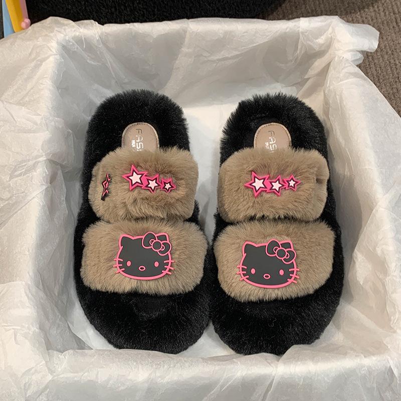 Internet Celebrities One Word Warm Thick Bottom Heightening Fluffy Slippers Women Wear 2025 New Autumn and Winter Super Fire Non-slip Cotton Slippers