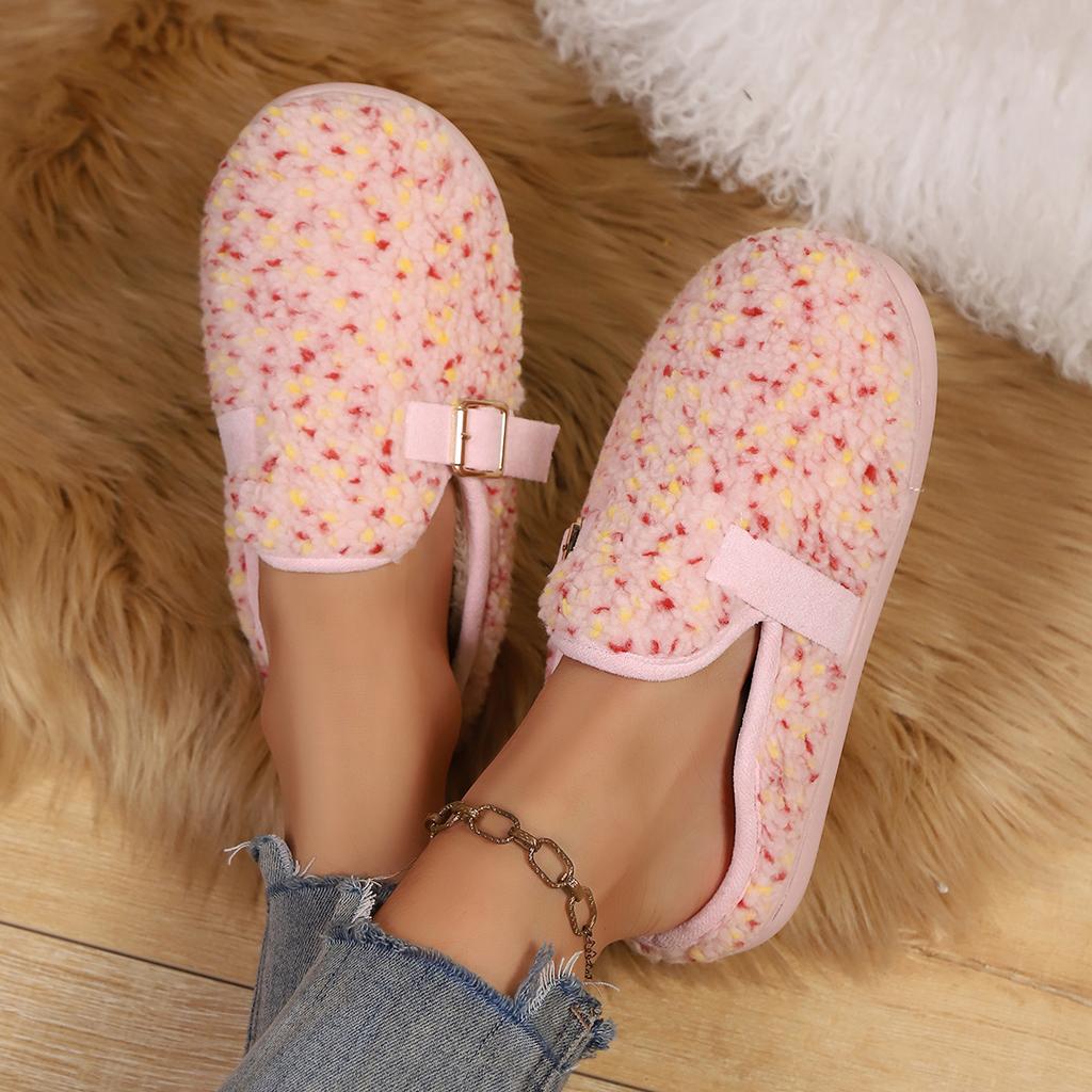 Fashion Flat Cotton Mopping Women's Fashion Round Toe Multicolor Metal Buckle Soft Sole Non-Slip Wrapped Toe Shoes Size 36-41