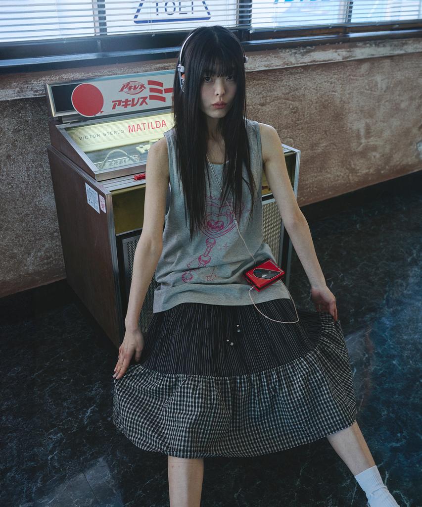 Mihebeu Three-Pattern Shirred Vintage Skirt Black