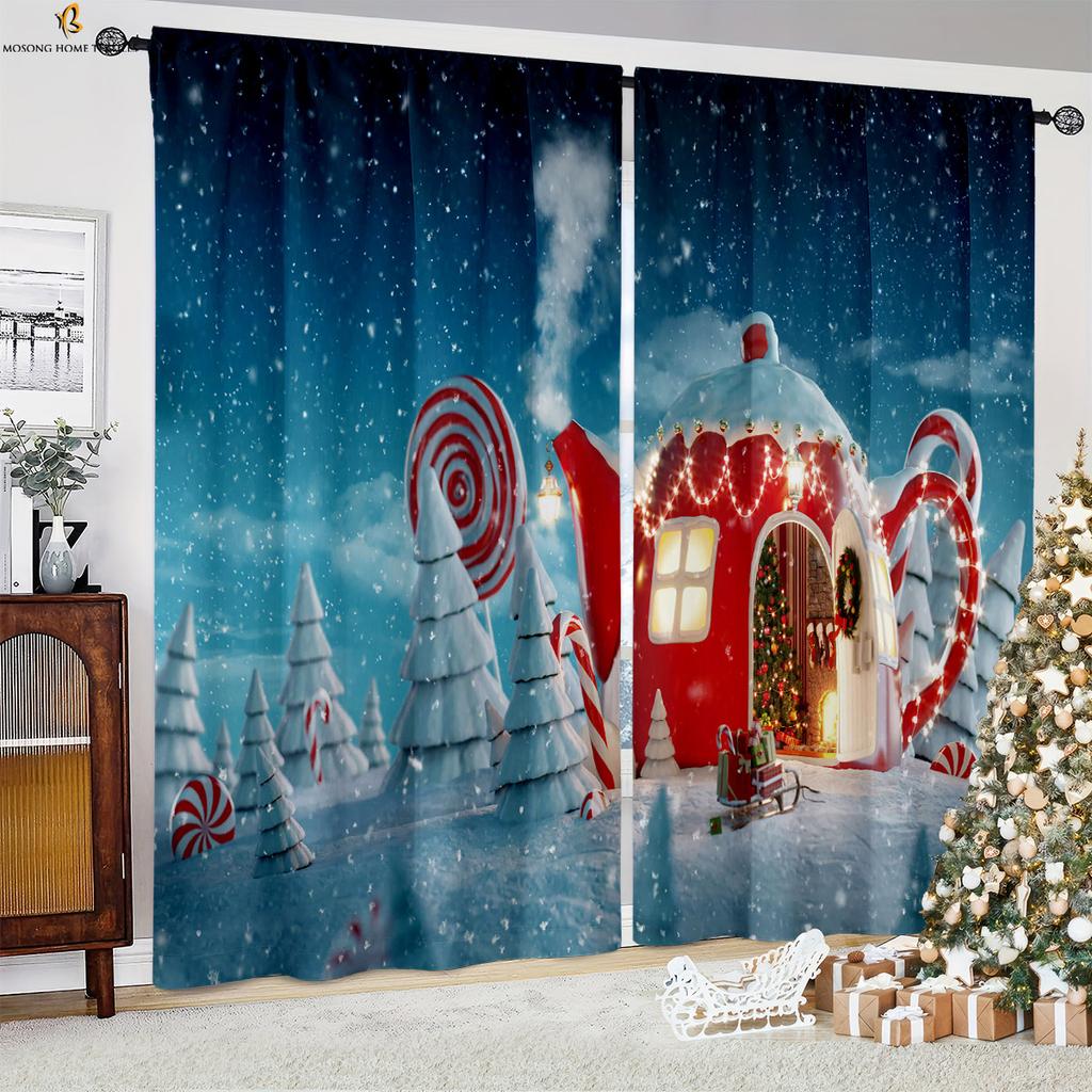 2pcs Christmas Snowman Christmas Tree Cartoon Printed Curtains Restaurant Bedroom New Year Decoration Curtains Children Gifts