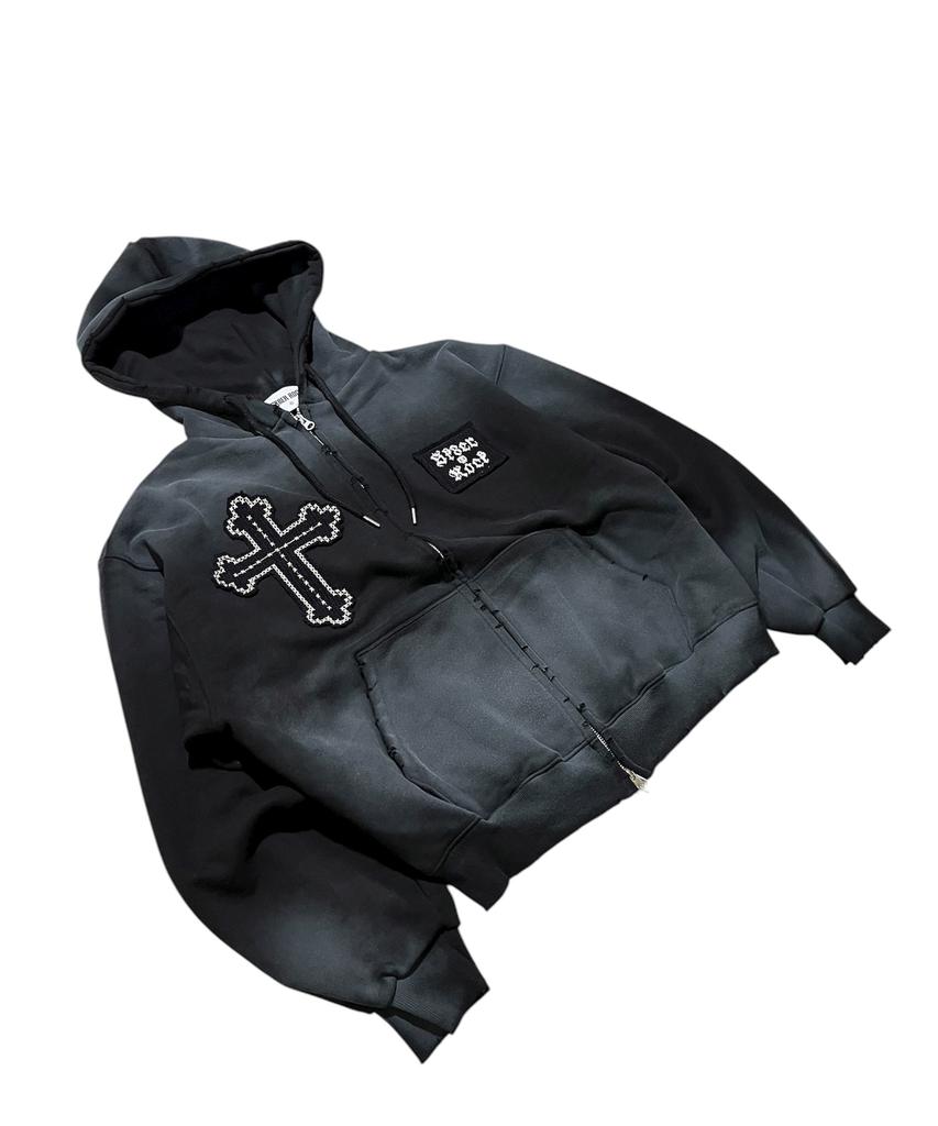 Sk8Er Rock Kreuzstich Grunge Kapuzenpullover mit Reißverschluss ((Schwarz))