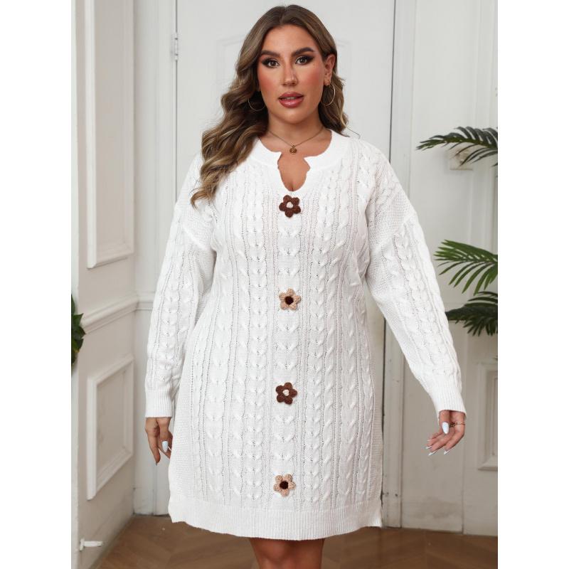 Plus Size Women's V-Neck Cable Knit Sweater Dress Hand Crochet Patchwork Autumn Winter Sweater Dress for Women