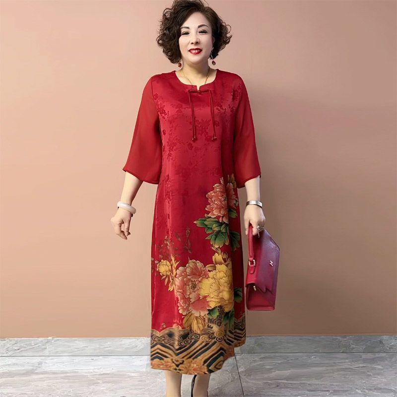 High-end Women's Silk Printed Casual Dress Loose Round-neck Plus-size Dress Summer Straight Long Floral Dress