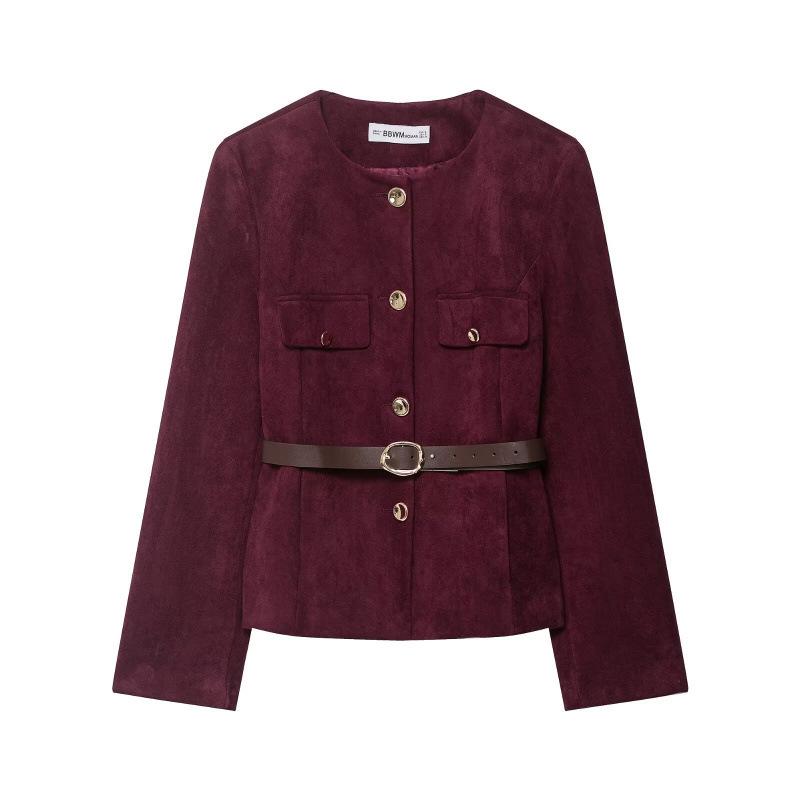 

European & American Women s Velvet Belted Suit Jacket - Fashionable with Textured Effect Large вино красного