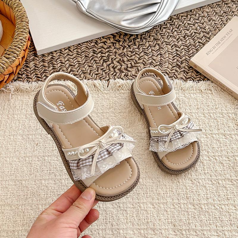 Girls' Open-toe sandals2026Summer New Pearl Princess Sandals with Lace Trim and Cute Little Bow