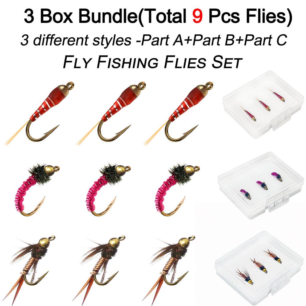 Fly Fishing Flies 9Pcs-3 Boxs Bundle 3 different styles Wet Flies Bait for catching fish like Trout/Bass etc in fresh water