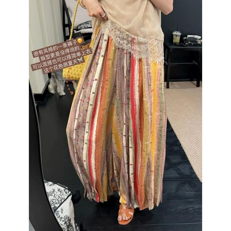 Women s Bohemian Striped Wide Leg Pants High Waist Casual Linen Blend Trousers L оранжевый
