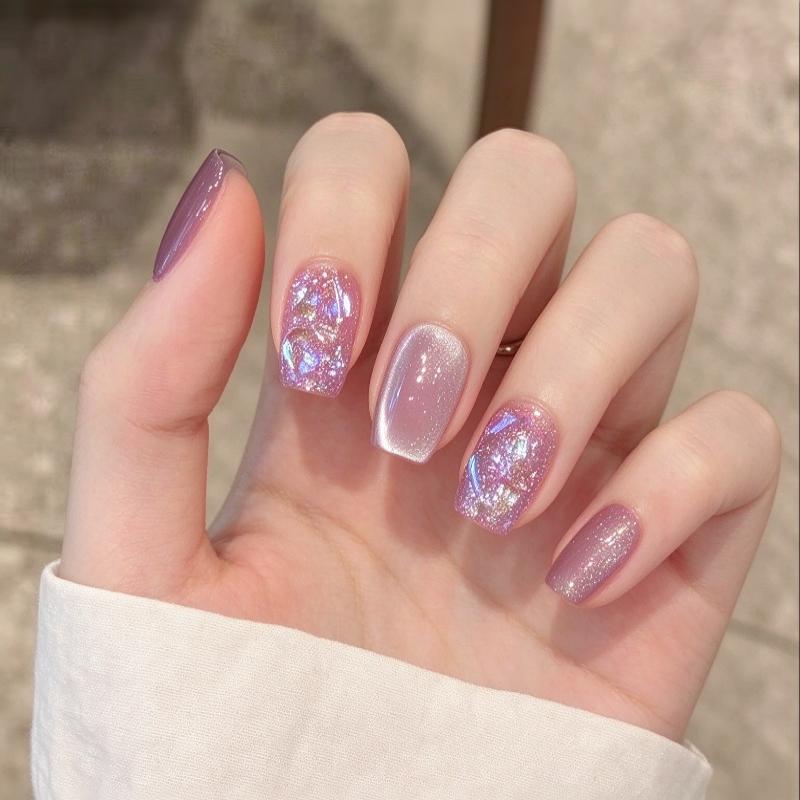 Press-On Nails Shimmery Cat Eye Short Square False Nails Kit with Free Adhesive Glue for Night Club Parties