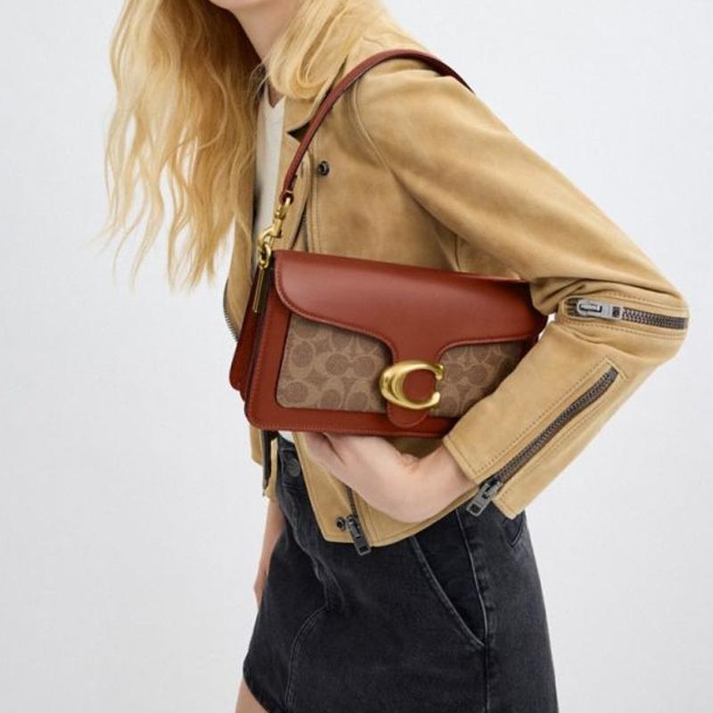 Coach Tabby 26 Classic Logo Buckle Closure Cow Leather Shoulder Handbag Medium Size Women's Brown and Caramel Color