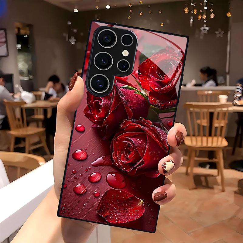 Water droplet rose pattern glass phone case suitable for Samsung Galaxy S26 S25 S24 S22 S21 S20 FE/Ultra/Plus hard case