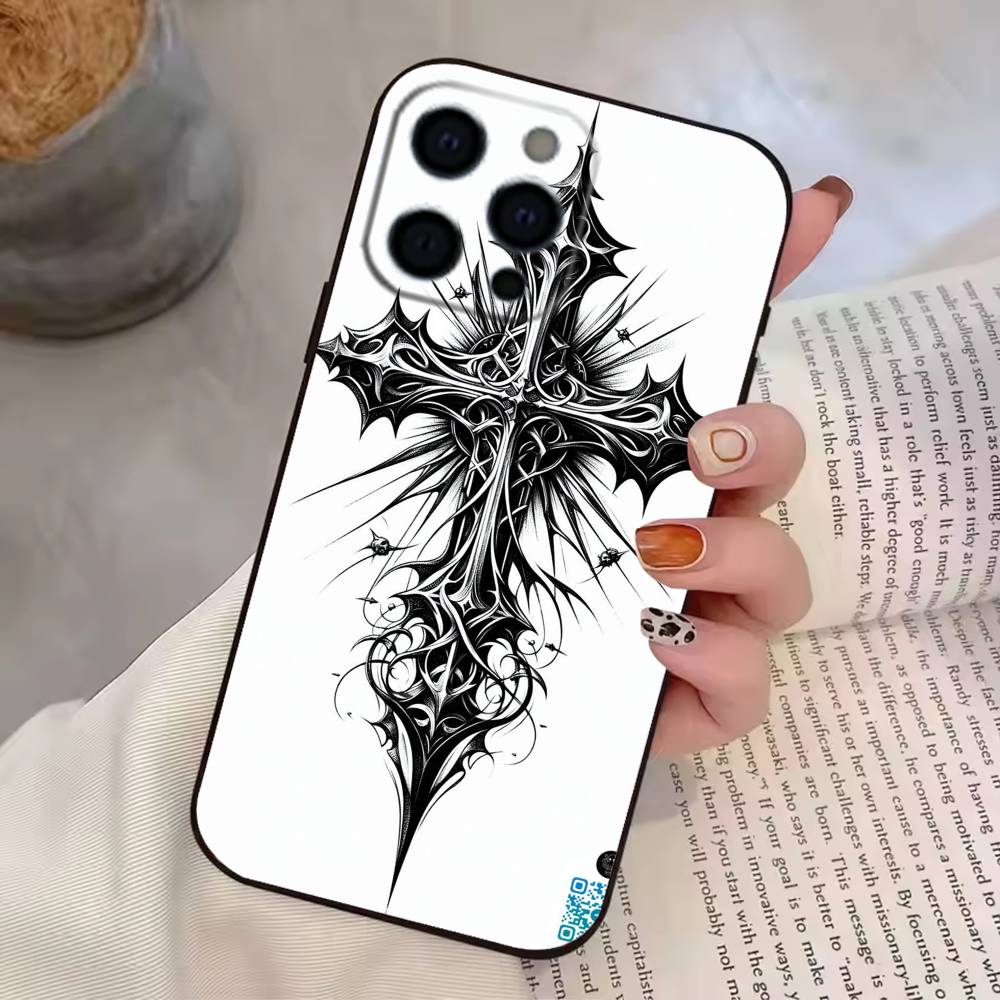 Gotisches Kreuz Ranke Transparent Handyhülle Für iPhone 17,16,15,14,13,12,11 Plus,Pro Max,XS,Weiche Silikon Schwarze Hülle