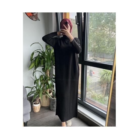 Knitwear Women Hijab Long Sleeve Ribbed Half Neck Long Knitted Dress