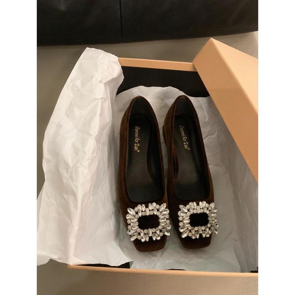 Coarse Heel French Rhinestone Temperament Single Shoes Women's Shoes 2025 New Spring and Autumn Black Square Head Commuting Shoes