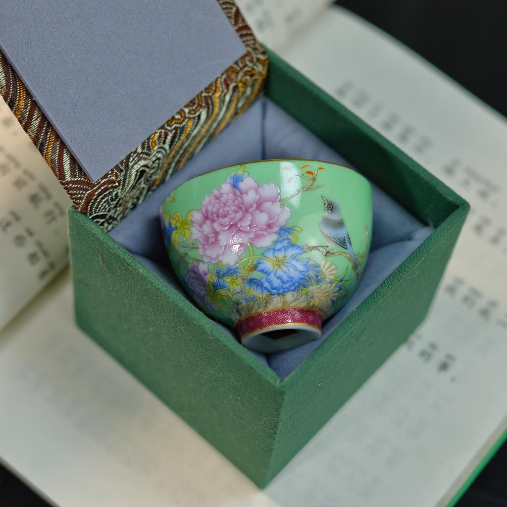 Enamel Color Ceramic Tea Cup Gongfu Tea Set Home Use Drinking Cup Style Peony Handmade Craft High Temperature Glaze