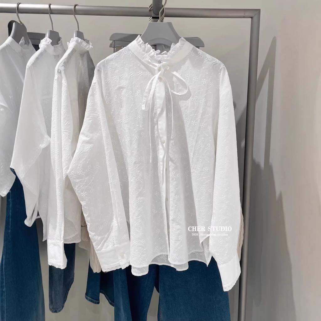1116 New Spring Women's Clothing Fungus Edge Embroidered Hollow Lace-Up Open Shirt White Long Sleeve Top 116118