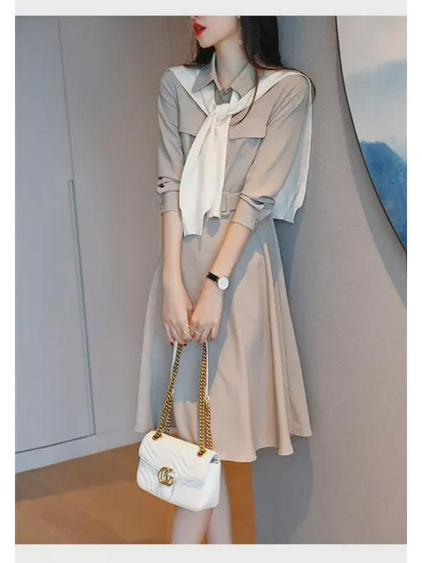 Plus Size Women's French Style Long Sleeve Slim Waist Polo Dress, 2024 Spring/Autumn Collection